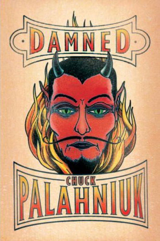 Cover of the novel "Damned" by Chuck Palahniuk. Shows a red devil face on a brown background.