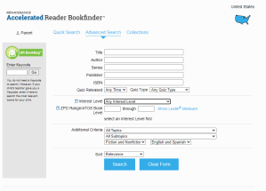 AR Bookfinder childrens books advanced search options and menu