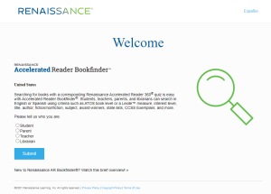 Accelerated Reader Bookfinder welcome page for children's books