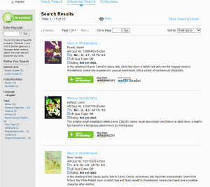 AR Bookfinder children's book results list of different versions of Alice in Wonderland