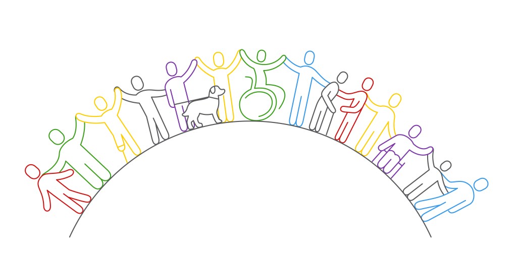 Line drawings of the shapes of people, some who are disabled and wheelchair users or prosthetics users. Line drawings are in a rainbow of colors