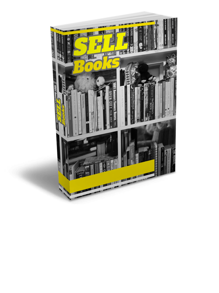 Book cover with black and white image of books on a bookcase with yellow text "Sell books"