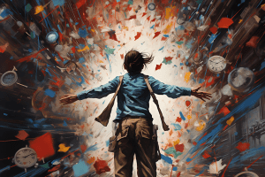 An AI image of a woman's back. She is wearing blue shirt and khaki pants and facing an explosion of colors, clocks, and perhaps scraps of paper. Symbolizes how pantsers approach the creative writing process by prioritizing spontaneity and creativity. 