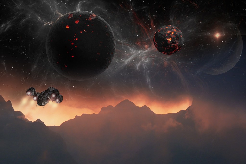 Fictional space craft flying through a planet's atmosphere with exploding moons or meteors on the horizon. Red/black color scheme. Demonstrates technology tips for science fiction writers.