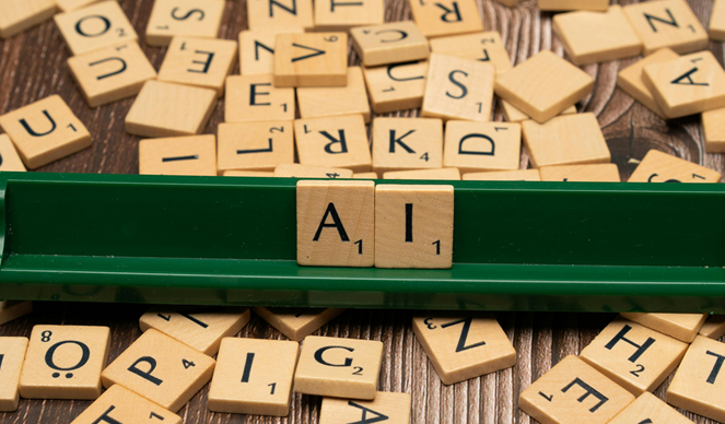 Scrabble letters mixed up on the table with "AI" on the shelf.